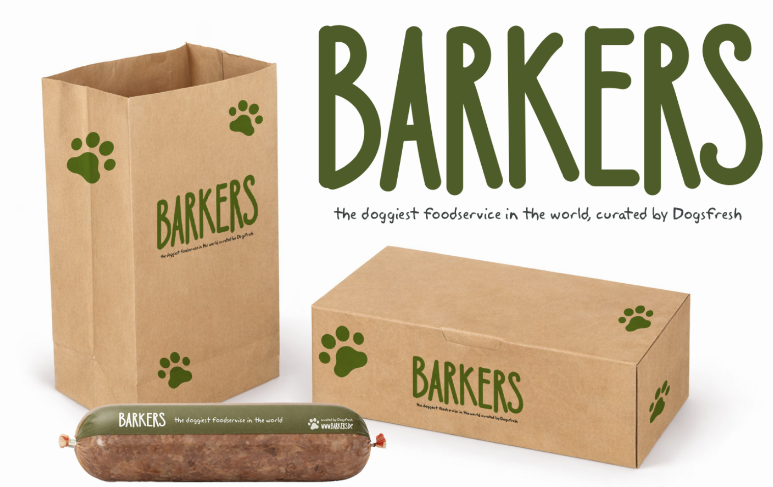 Barkers huisstijl: olijfgroen logo op kraft zak en doos, met maaltijdverpakking